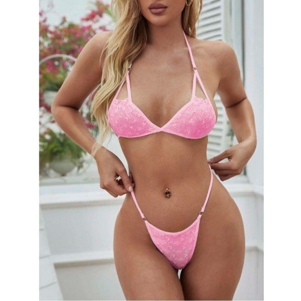 Size 10 (Large) Pink Eyelet Embroidery Frill Trim Bikini Lingerie Set